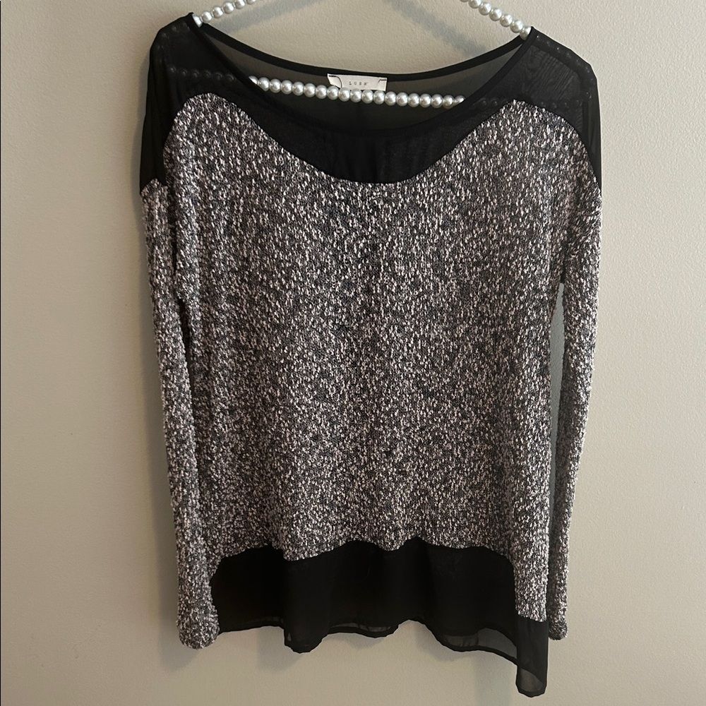 Lush Blouse Medium M Black White Textured Knit Sheer Mesh Trim Long Sleeve Top